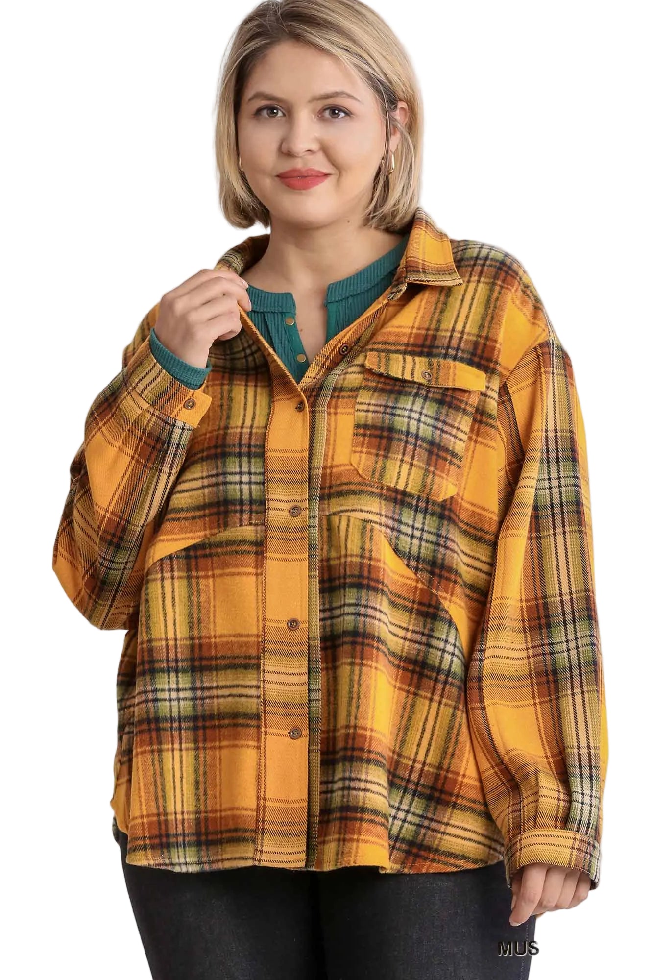 Plaid Collar Button-Down Overshirt with Front Pockets in Mustard Mix