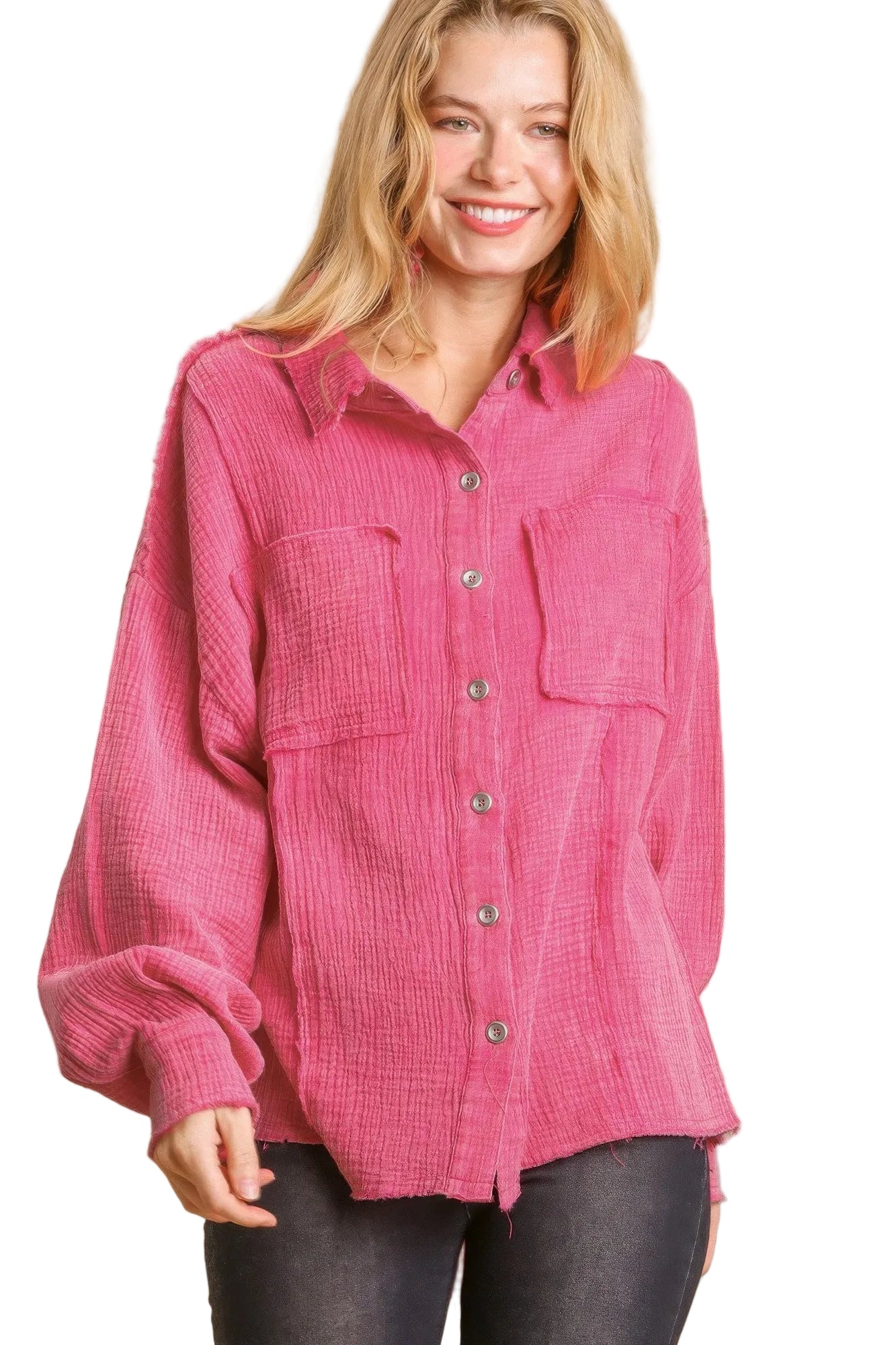Mineral Wash Button-Down Top with High-Low Hem in Chic Camel