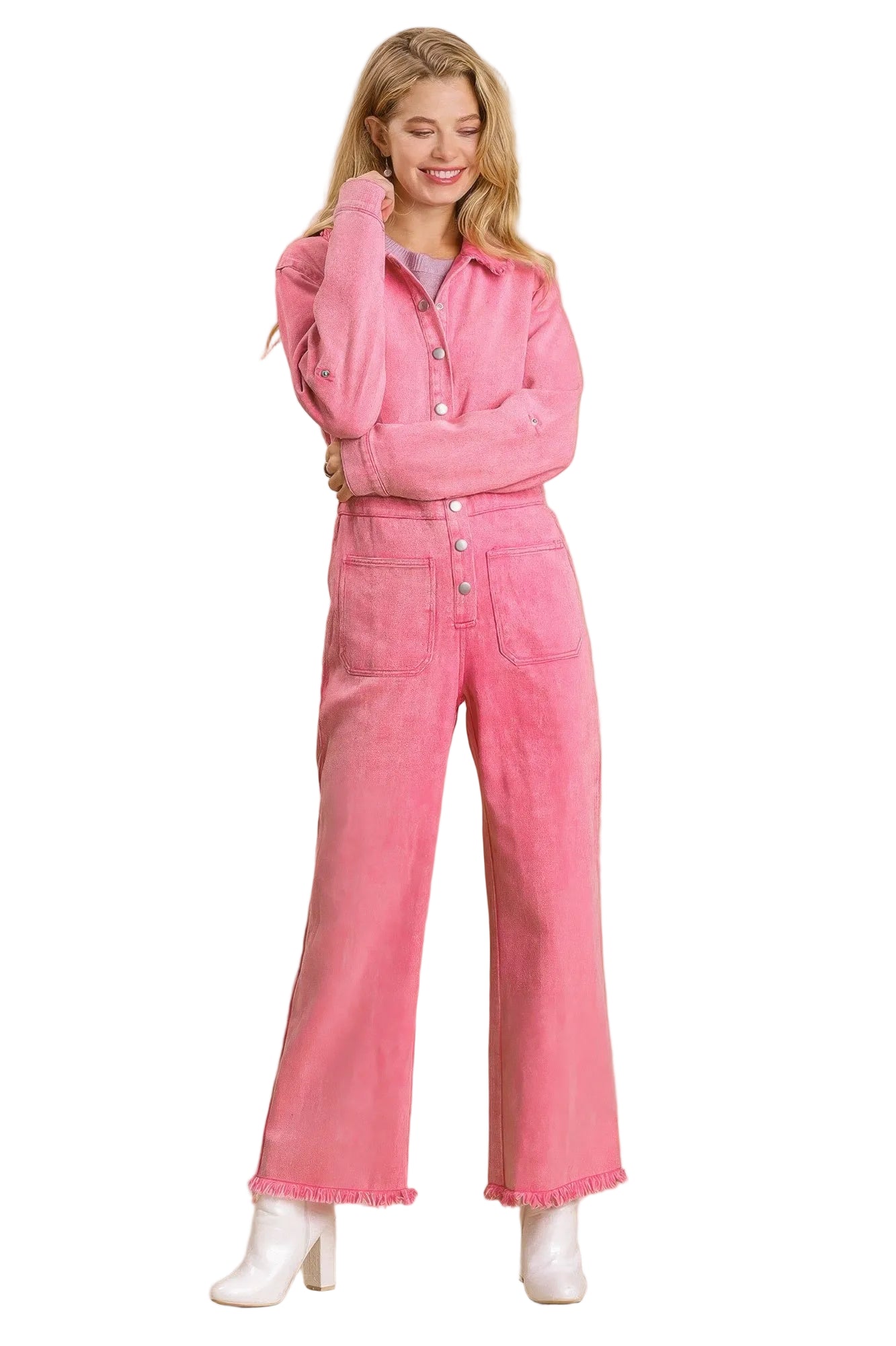 Mid-Length Button-Down Stone Wash Wide-Leg Distressed Jumpsuit with Side Pockets, No Lining