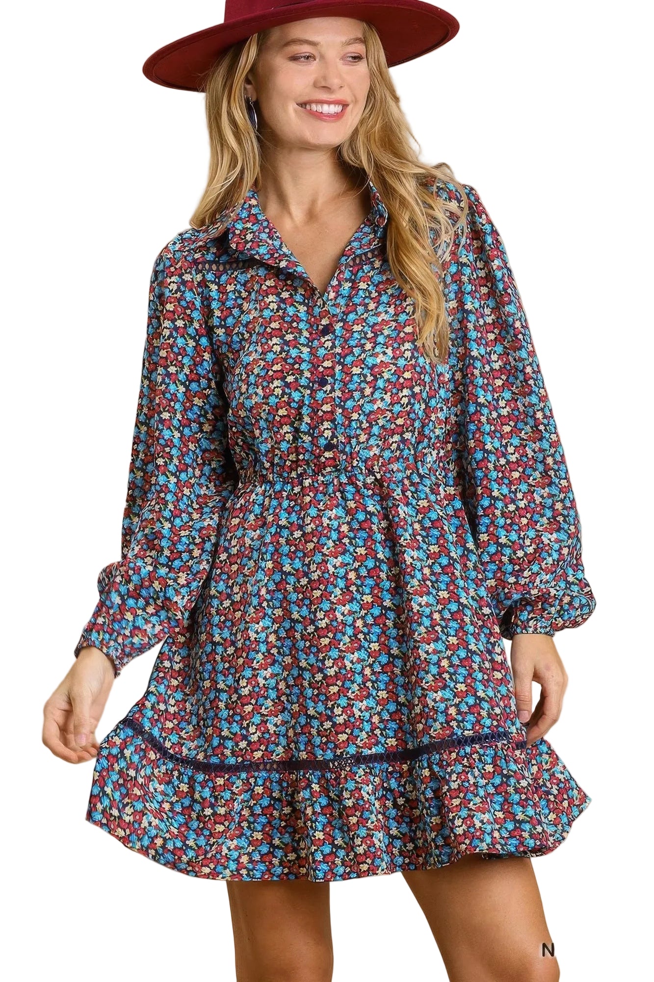 Collared Neckline Button-Down Floral Print Dress with Crochet Trimmed Details in Orange