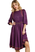 Satin Round Neck Embroidered Midi Dress
