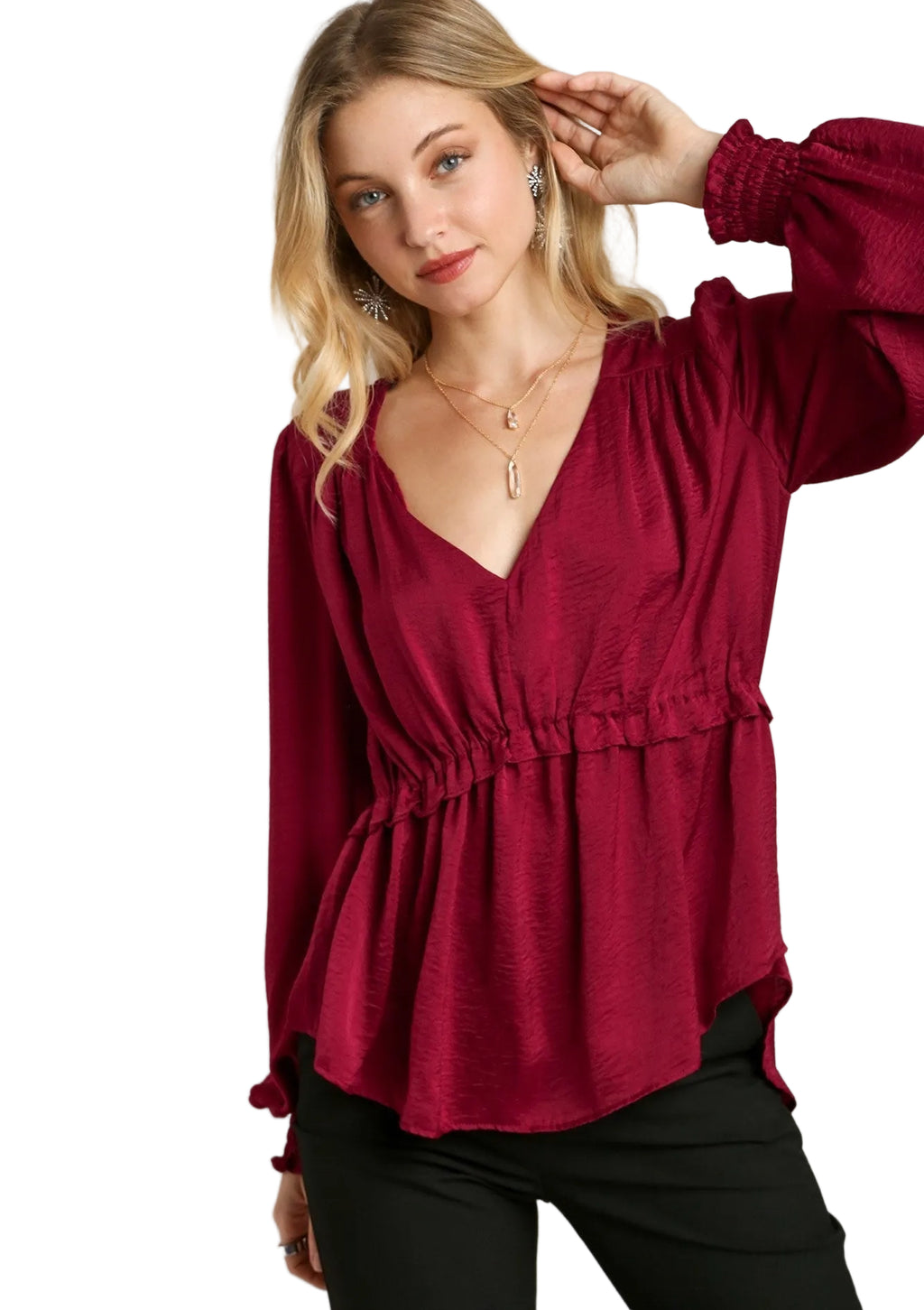 Satin V-Neck Ruffle Baby Doll Top with Cuffed Long Sleeves