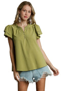 Boxy Cut Top with Faux Button Ruffle Neckline and Short Layered Sleeves in Avocado
