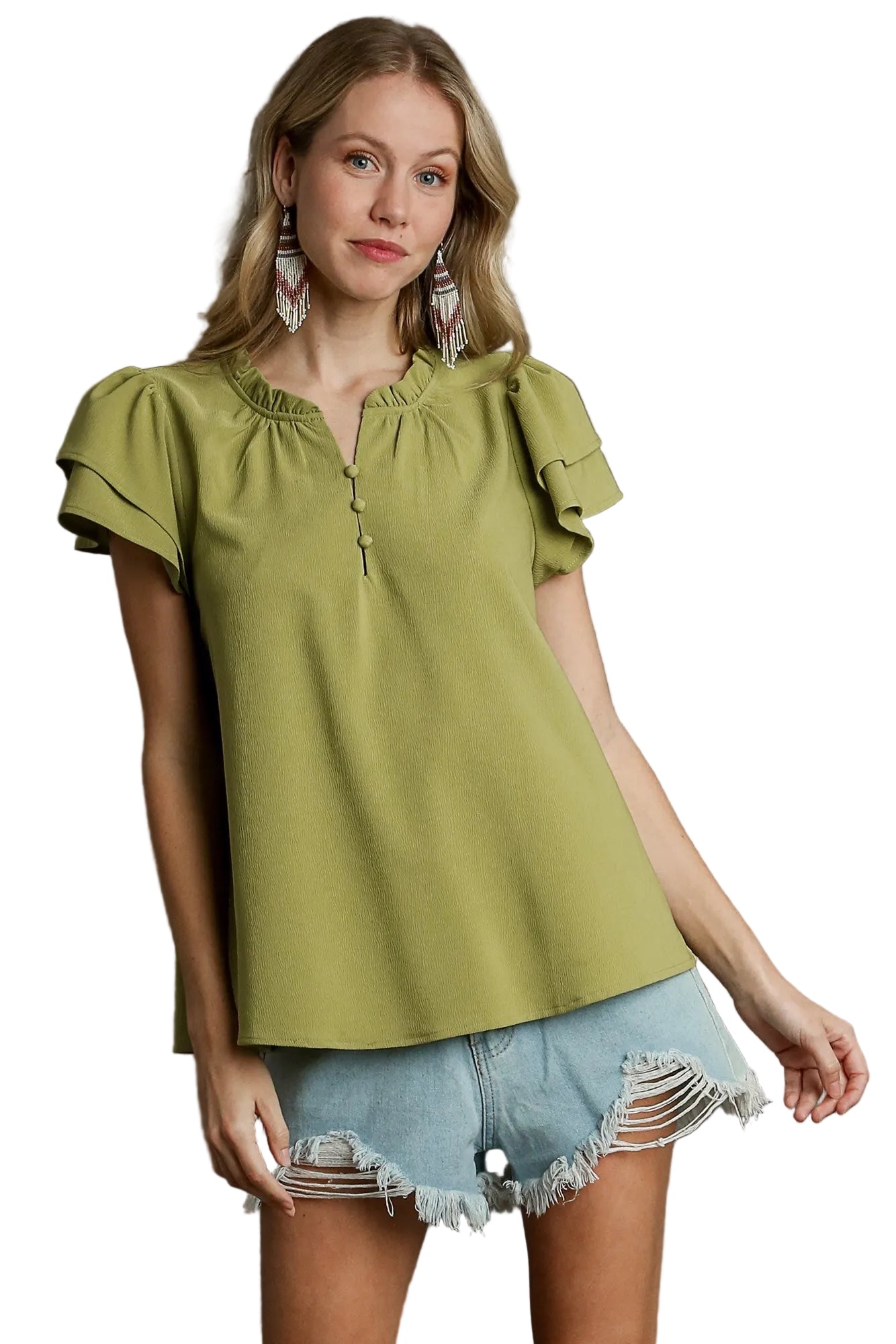 Boxy Cut Top with Faux Button Ruffle Neckline and Short Layered Sleeves in Avocado