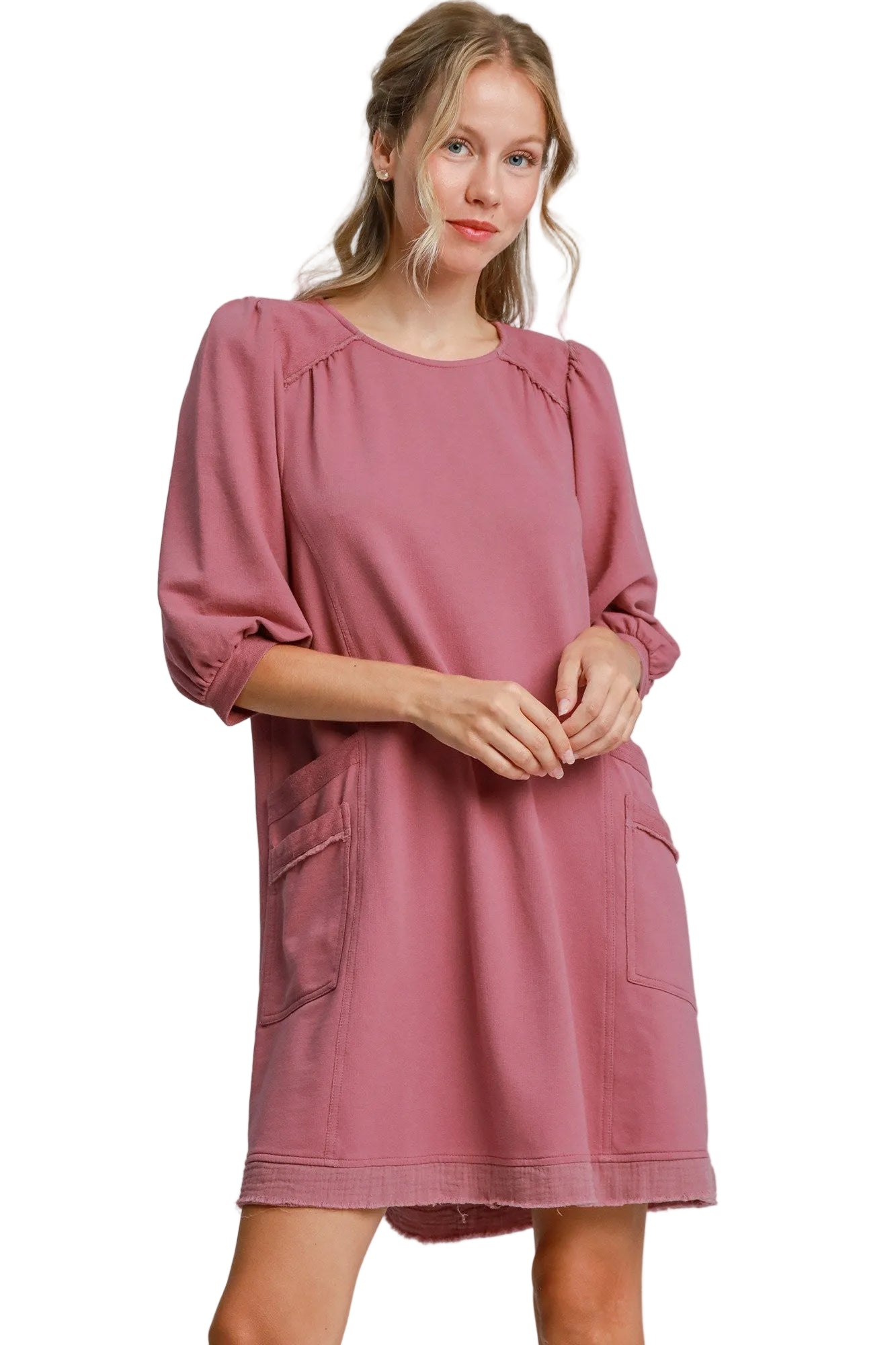 French Terry Mini Dress with Pockets and Frayed Trim - Mauve, Sizes S, M, L