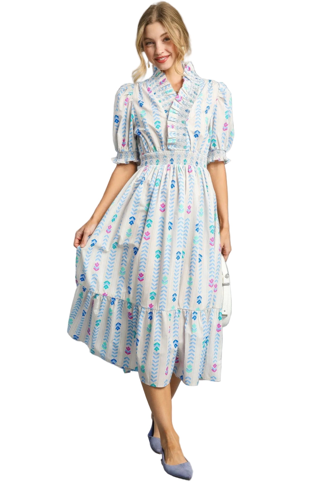 Vibrant Ruffle Smocked Midi Dress