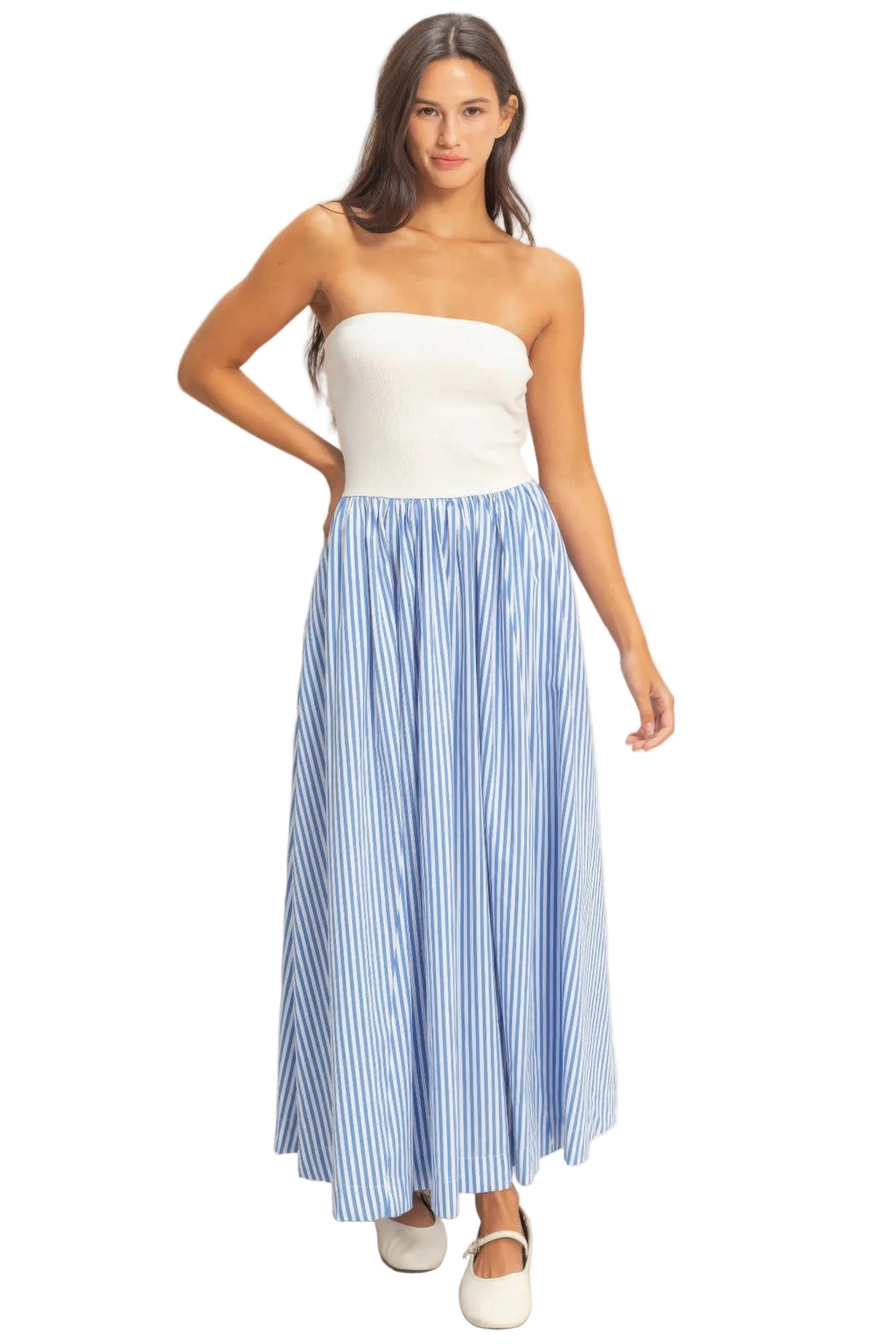 Striped Strapless Flowy Midi Dress
