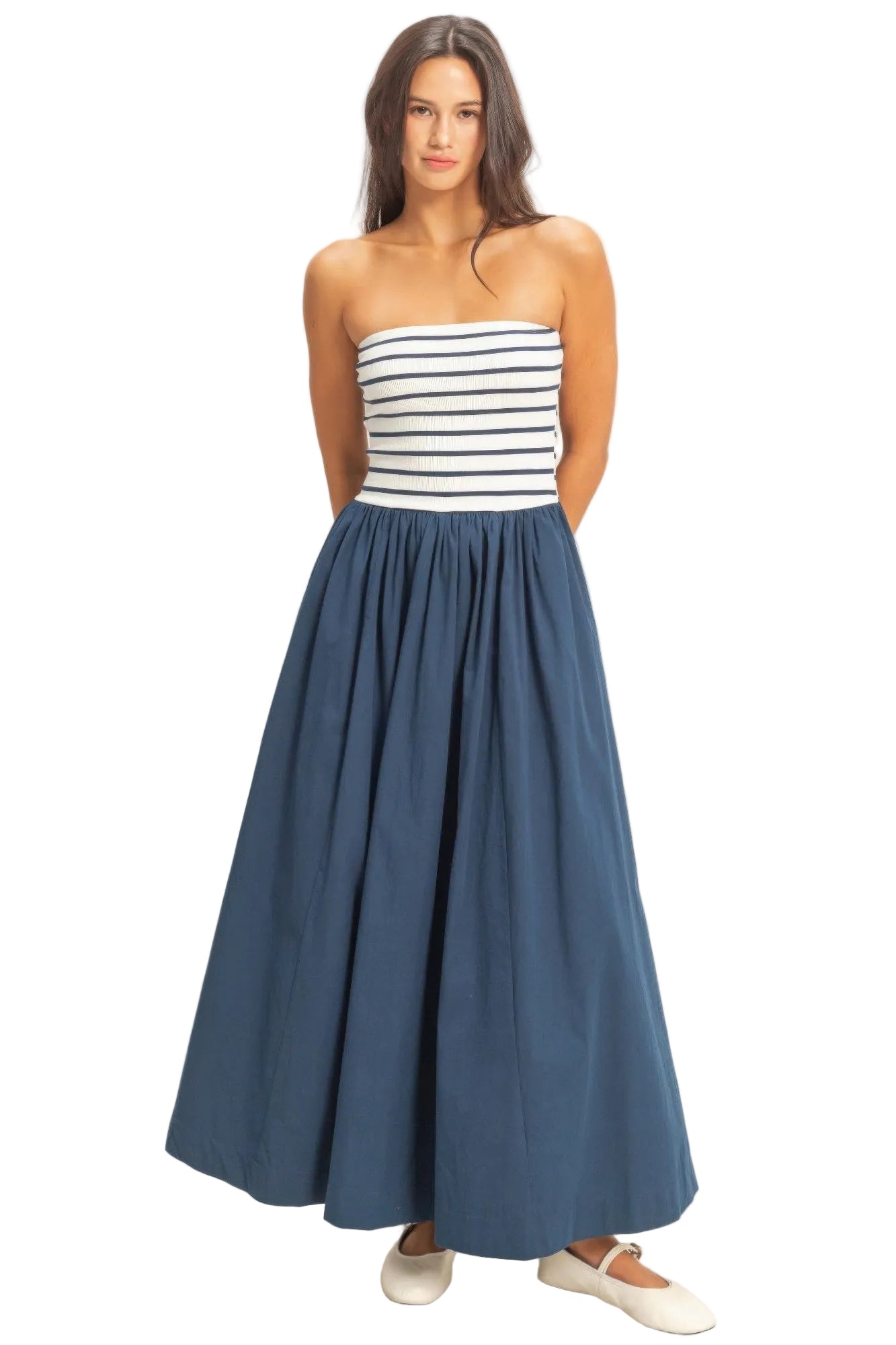 Striped Strapless Flowy Midi Dress
