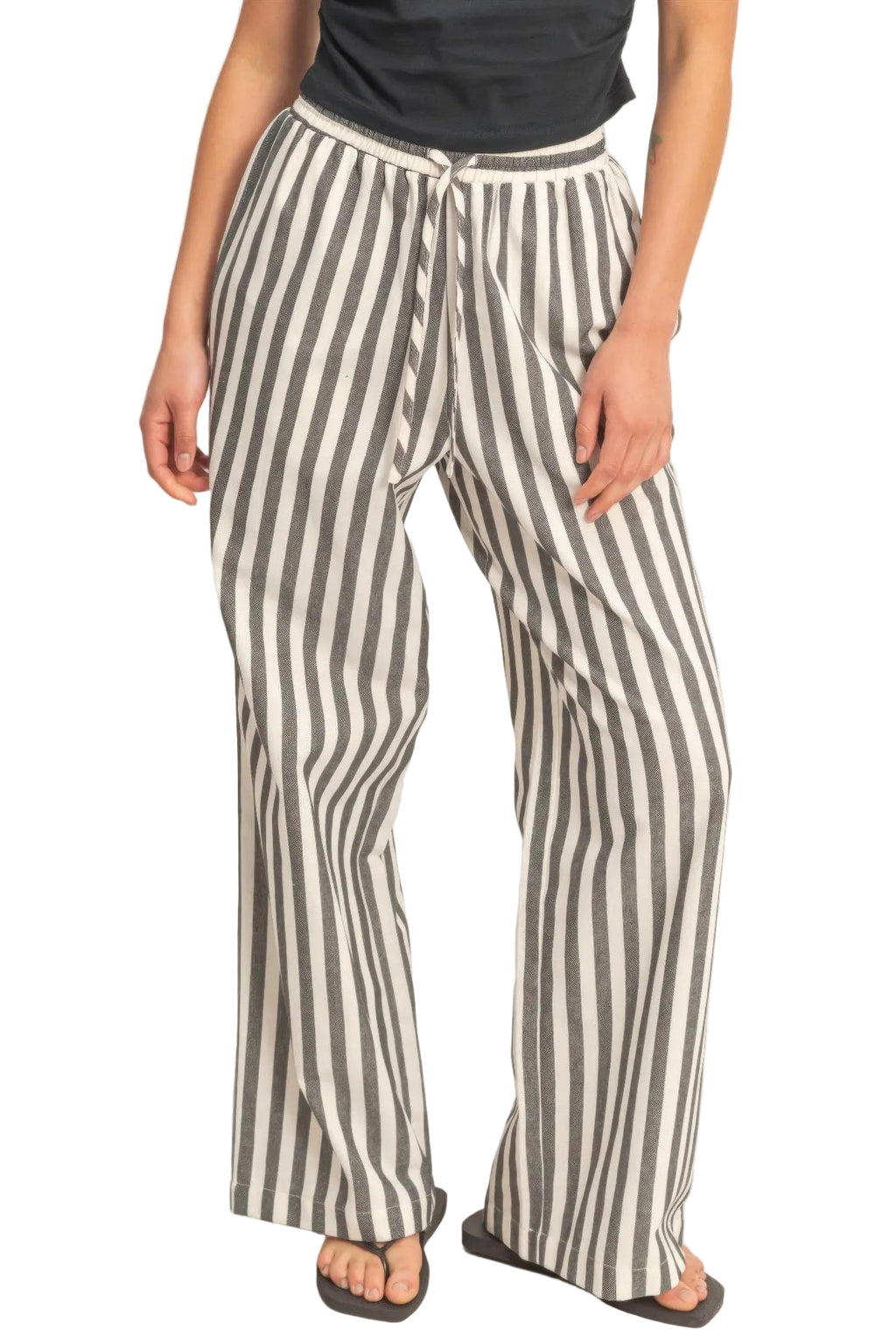 Vertical Striped Elastic Pants with Side Pockets
