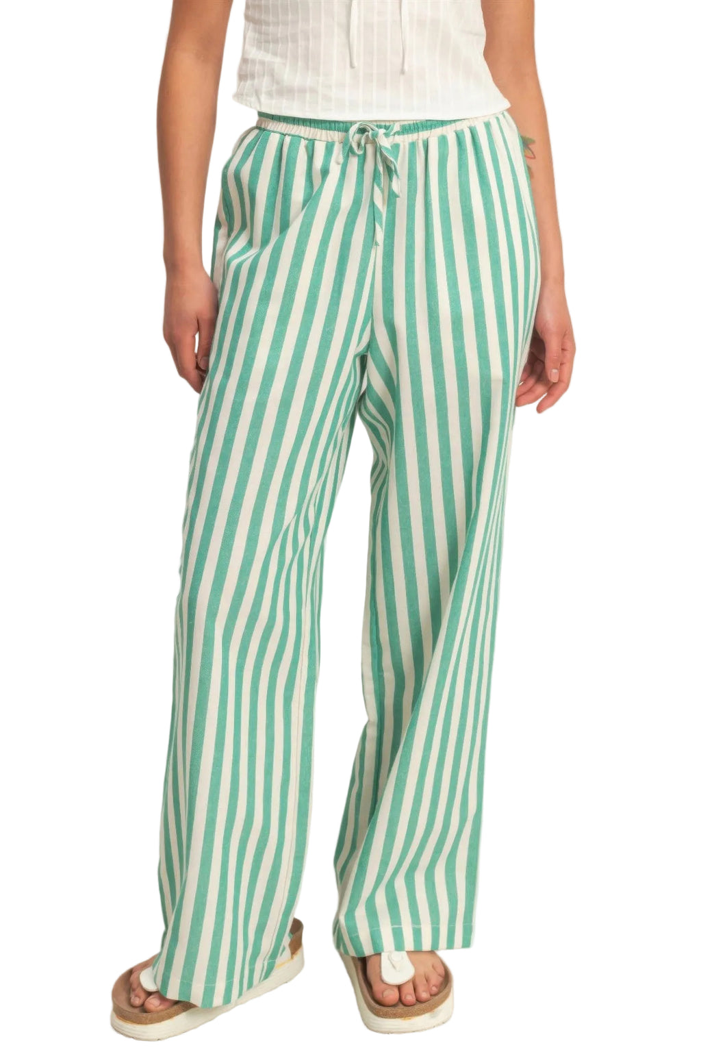 Vertical Striped Elastic Pants with Side Pockets