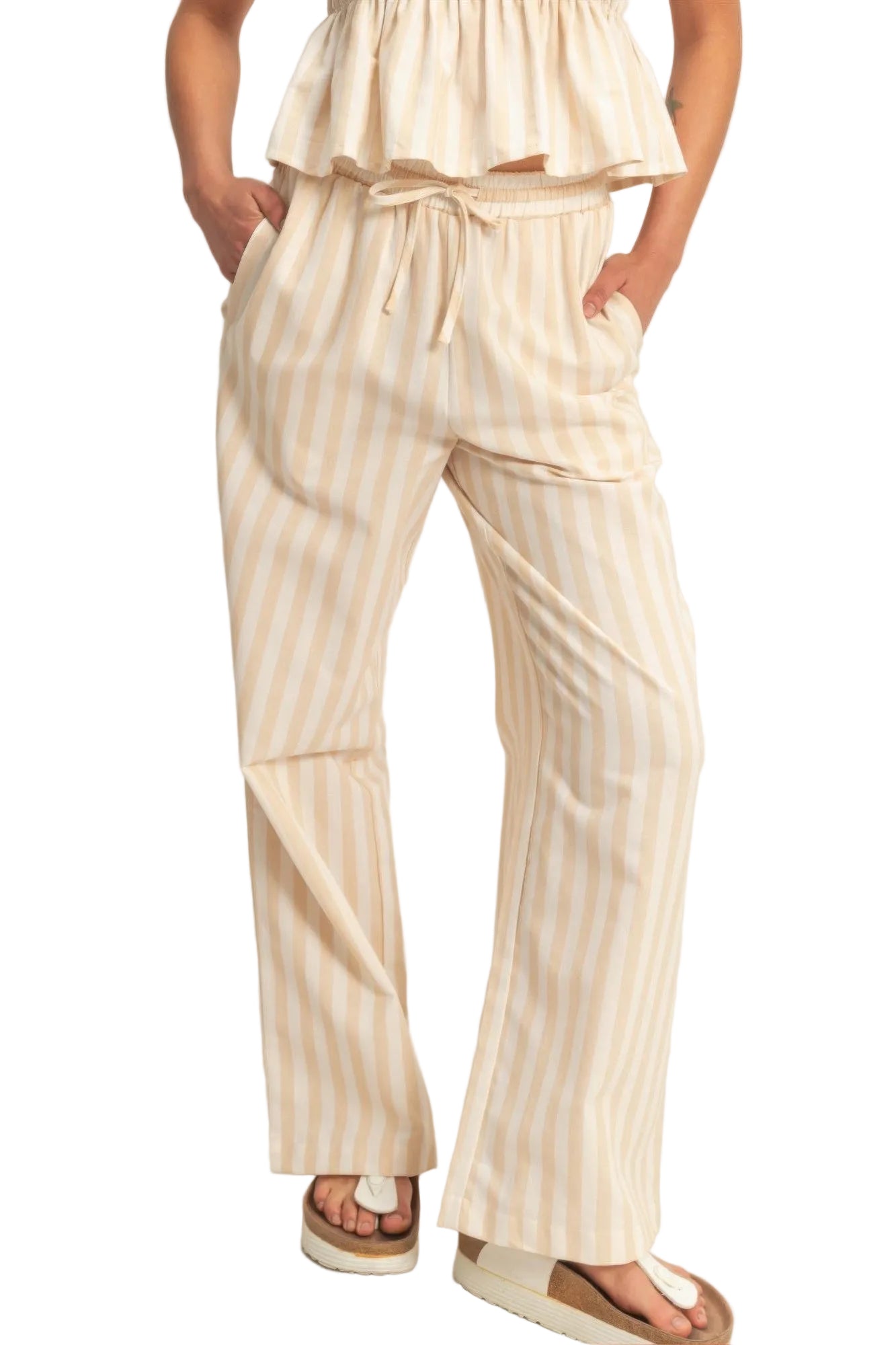 Vertical Striped Elastic Waistband Pants with Side Pockets