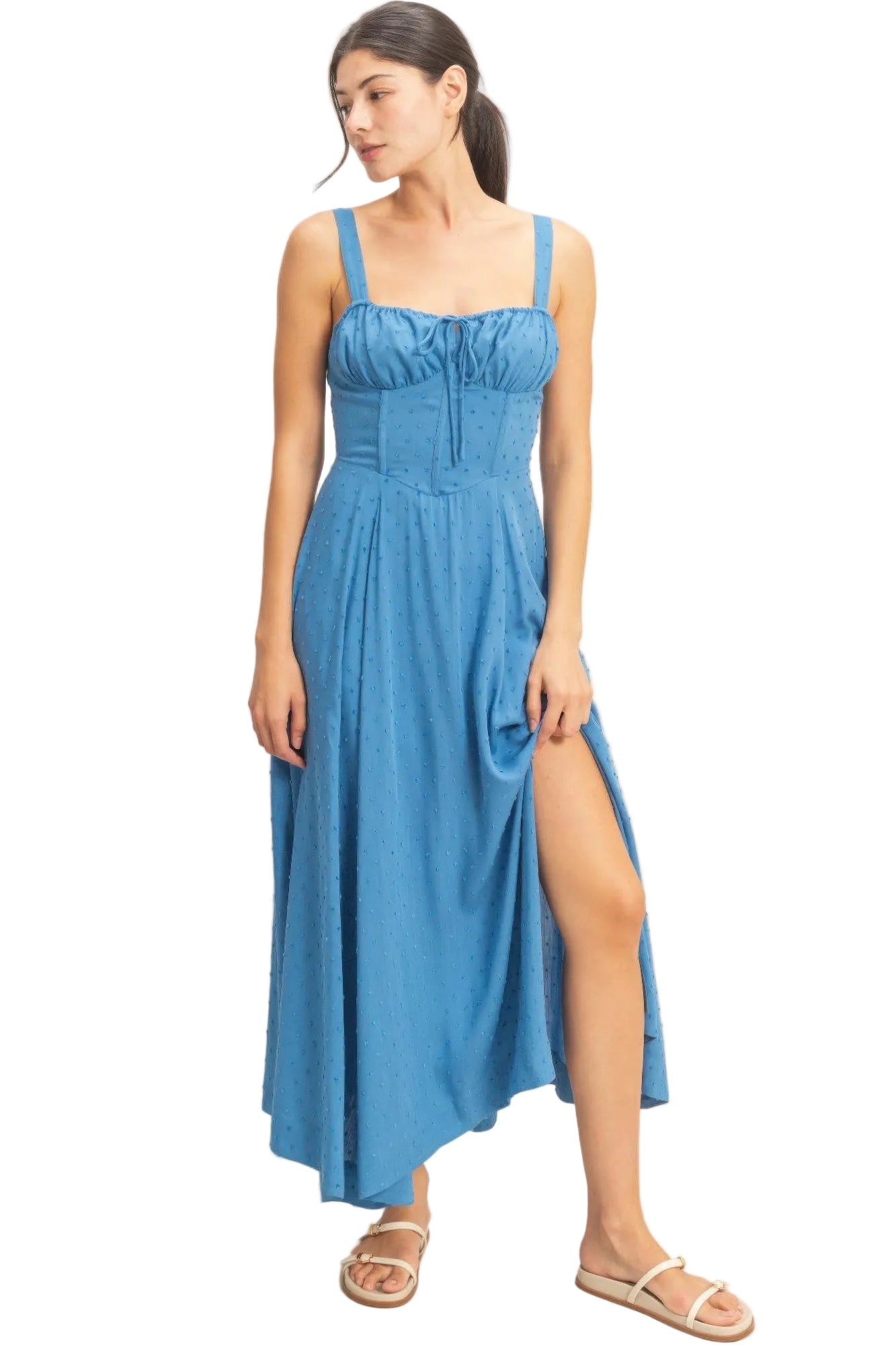 Boned Tie-back Dress with Adjustable Straps and Side Slit