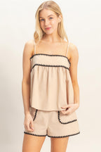 Sleeveless Babydoll Top with Contrast Scalloped Trim, Lightweight and Flowing Fit for Warm Weather