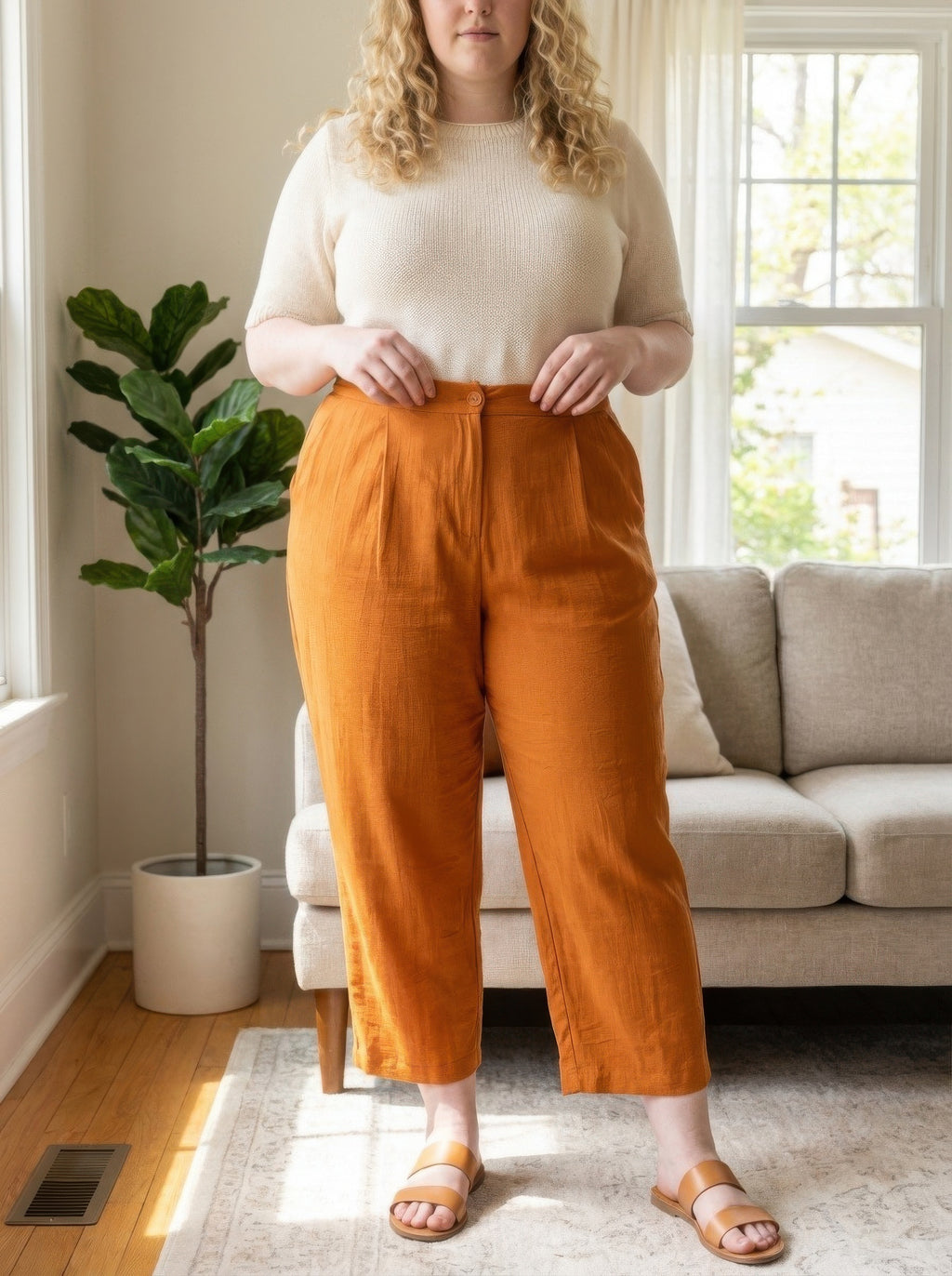 High-Rise Linen-Blend Straight Leg Pants in Rust