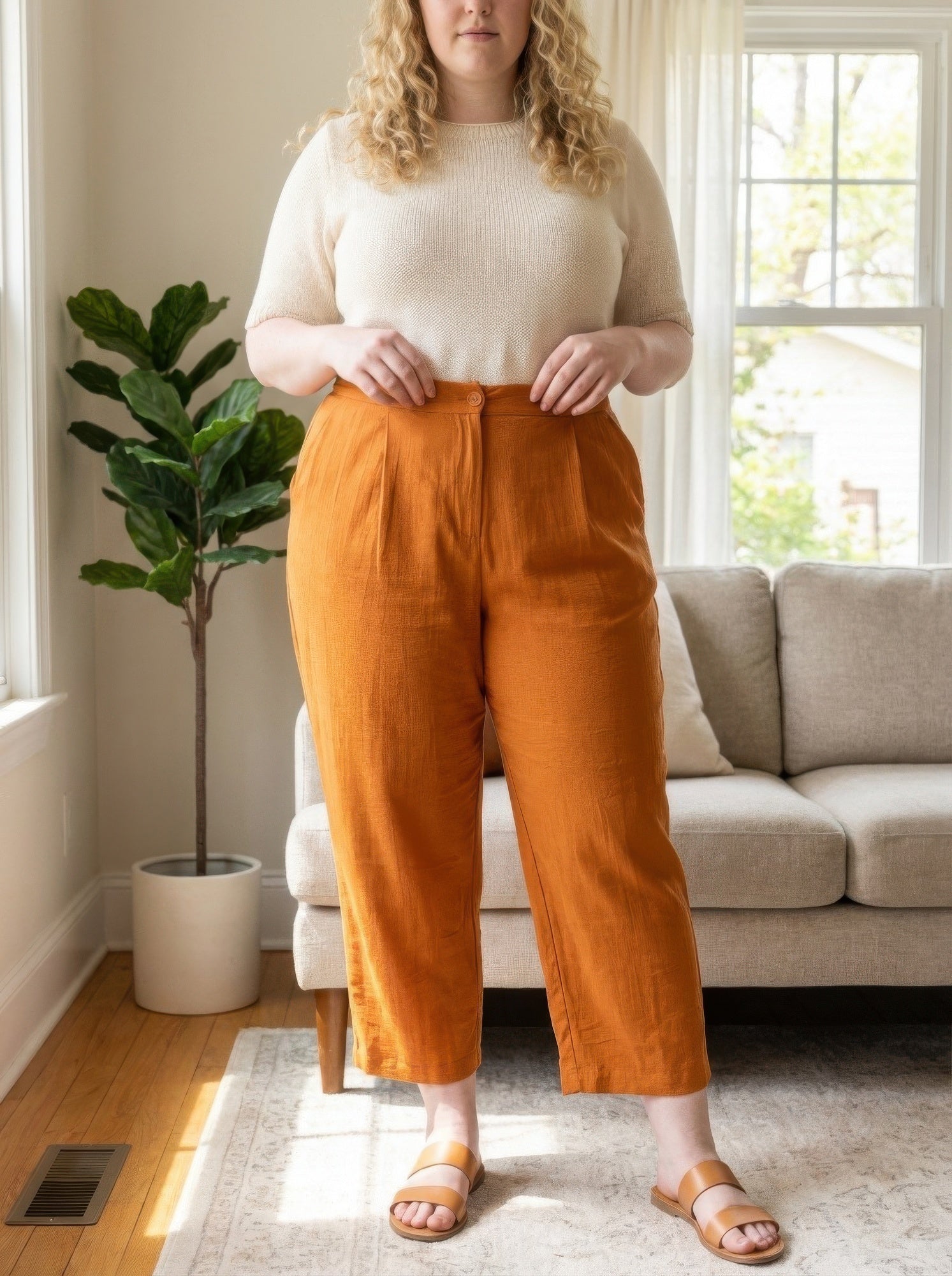 High-Rise Linen-Blend Straight Leg Pants in Rust