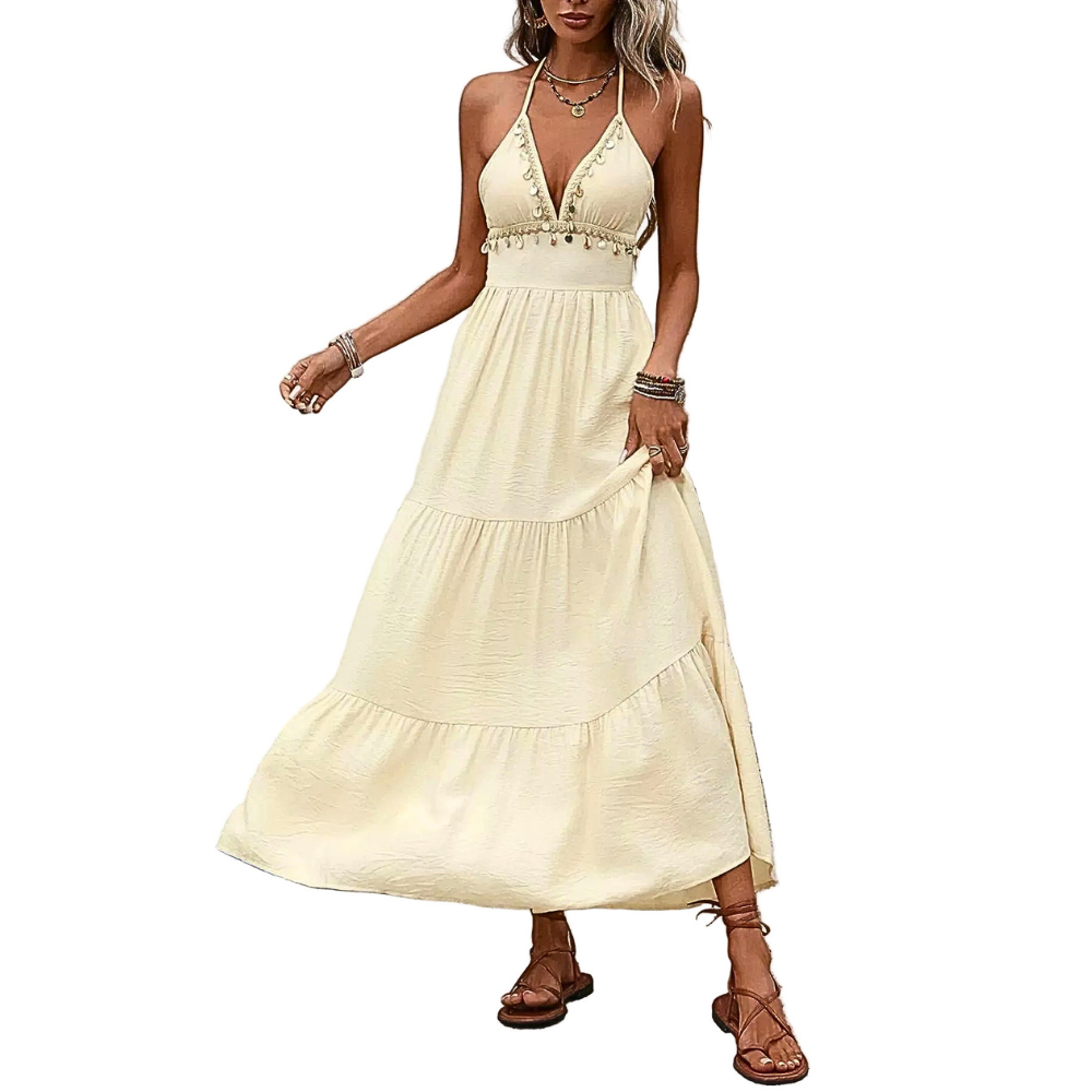 Cami Maxi Dress V-Neck Summer Shell Tasseled Ruffle Layered High Wasited