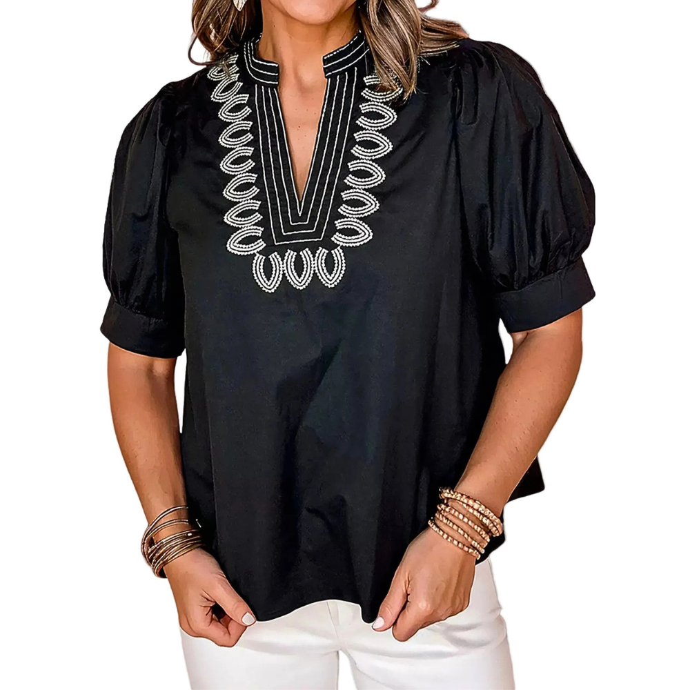 Casual Blouse Black V-Neck Notched Floral Embroidered Puff Short Sleeve Top