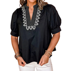 Casual Blouse Black V-Neck Notched Floral Embroidered Puff Short Sleeve Top