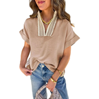 Casual Blouse Crochet Floral Lace Trim V-Neck Short Sleeve Loose Women's Top