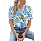 Casual Blouse Floral Blue V-Neck Stripe Trim Ruffle Short Puff Sleeve Top