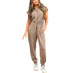 Casual Loose Jumpsuit Zipper Front Collared Short Cap Sleeve Mocha with Pockets
