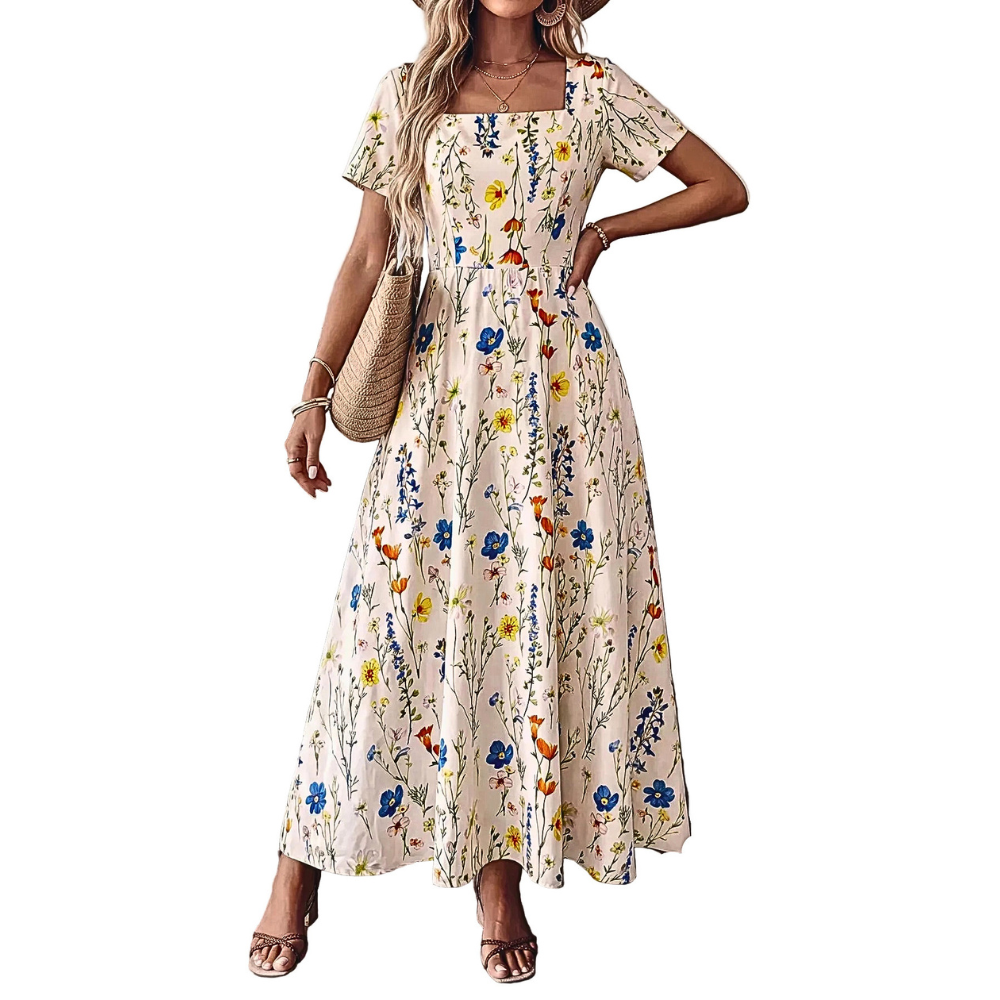Casual Maxi Dress Floral Colorful Flower Print Square Neck Ruffle Short Sleeve
