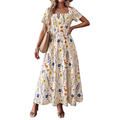 Casual Maxi Dress Floral Colorful Flower Print Square Neck Ruffle Short Sleeve