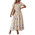 Casual Maxi Dress Floral Colorful Flower Print Square Neck Ruffle Short Sleeve