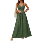 Casual Maxi Dress Floral Lace Trim Spaghetti Strap Smocked Waist Ruffle A-Line
