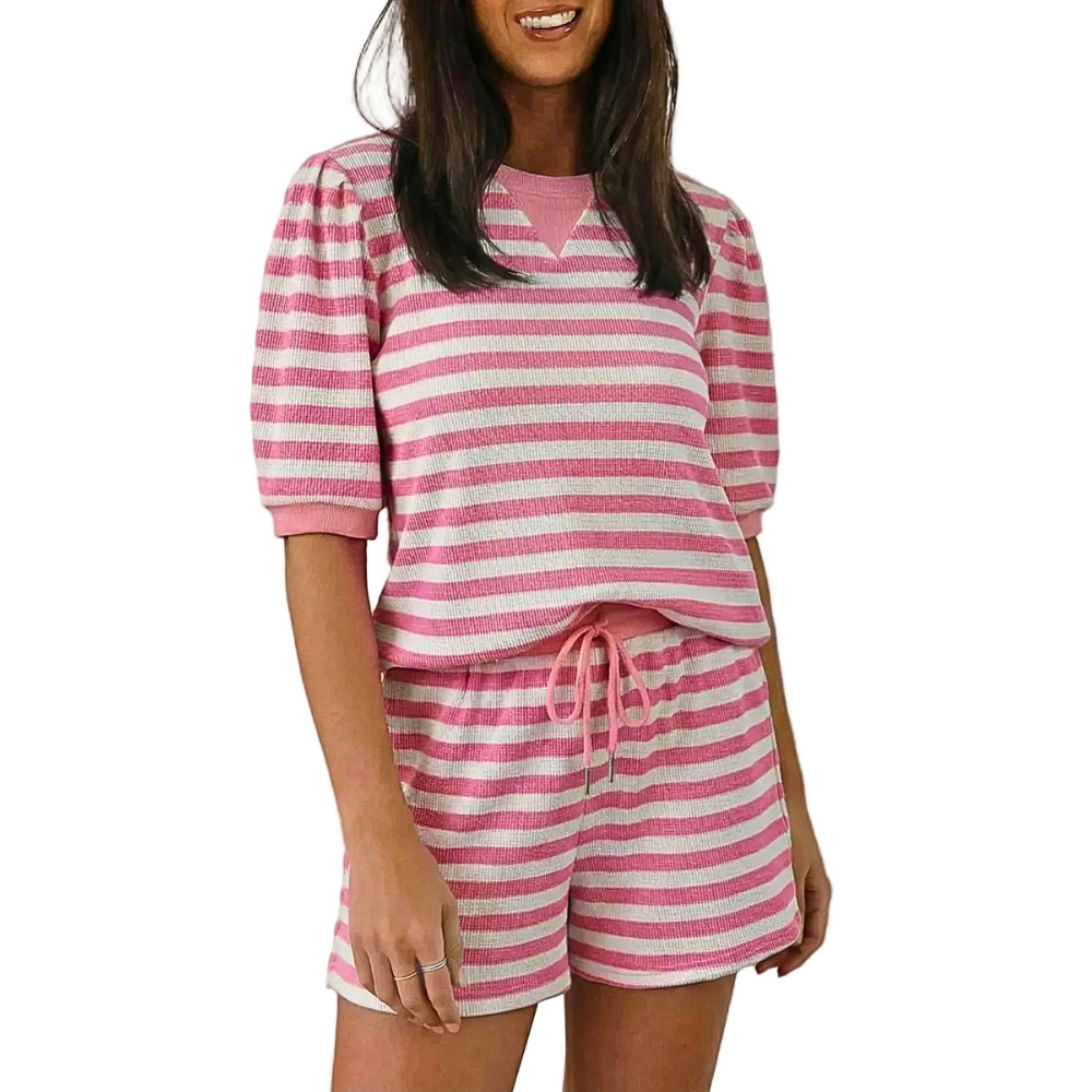 Casual Outfit Set Striped Blouse Round Neck Short Sleeve and Drwastring Shorts