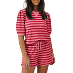CasualOutfitSetStripedBlouseRoundNeckShortSleeveandDrwastringShortsred
