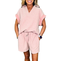Casual Outfit Set Striped Cotton Blush Pink Polo V-Neck Top and Drwastring Shorts