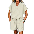 Casual Outfit Set Striped V-Neck Polo Collar Top and Drwastring Shorts Women's 2 Pcs