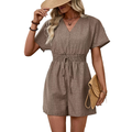 Casual Romper V-Neck Drawstring Waist Short Sleeve Summer Loose Jumpsuit