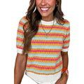 Casual Sweater Abstract Striped Colorful Lightweight Knit Short Sleeve Rib Top