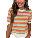 Casual Sweater Abstract Striped Colorful Lightweight Knit Short Sleeve Rib Top