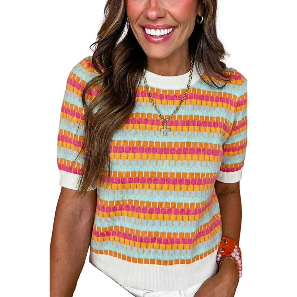 Casual Sweater Abstract Striped Colorful Lightweight Knit Short Sleeve Rib Top