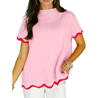 Casual Sweater Stand Collar Short Sleeve Blush Pink Contrast Wave Trim Lightweight