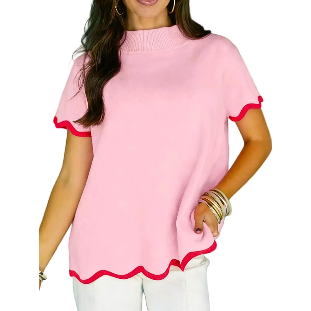 Casual Sweater Stand Collar Short Sleeve Blush Pink Contrast Wave Trim Lightweight