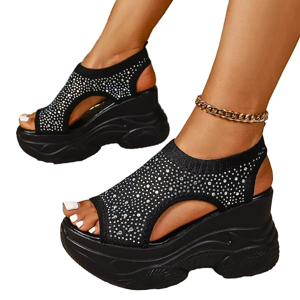 Casual Wedge Platform Sandals Rhinestone Beaded Cut Out Rubber Open Toe Shoes