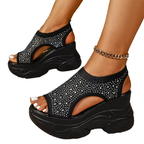 Casual Wedge Platform Sandals Rhinestone Beaded Cut Out Rubber Open Toe Shoes