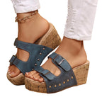 Casual Wedge Platform Sandals Double Buckle Strap Open Toe Mid Heels Shoes