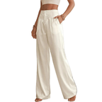 Casual Wide Leg Pants Beige Lace Trim High Waist Loose Trousers with Pockets