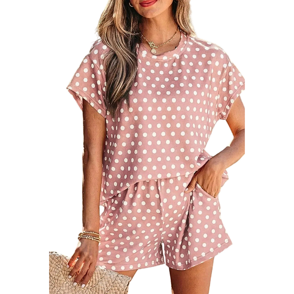 Casual Women's Outfit Set Polka Dot Dusty Pink Short Sleeve Tee and Shorts 2 Pcs