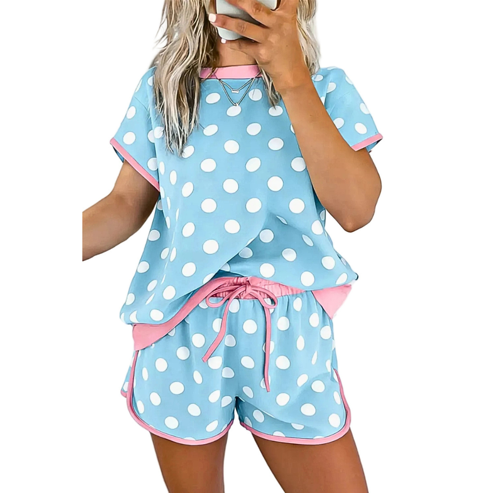 Casual Women's Outfit Set Polka Dot Short Sleeve Top Tee and Shorts 2 Pcs