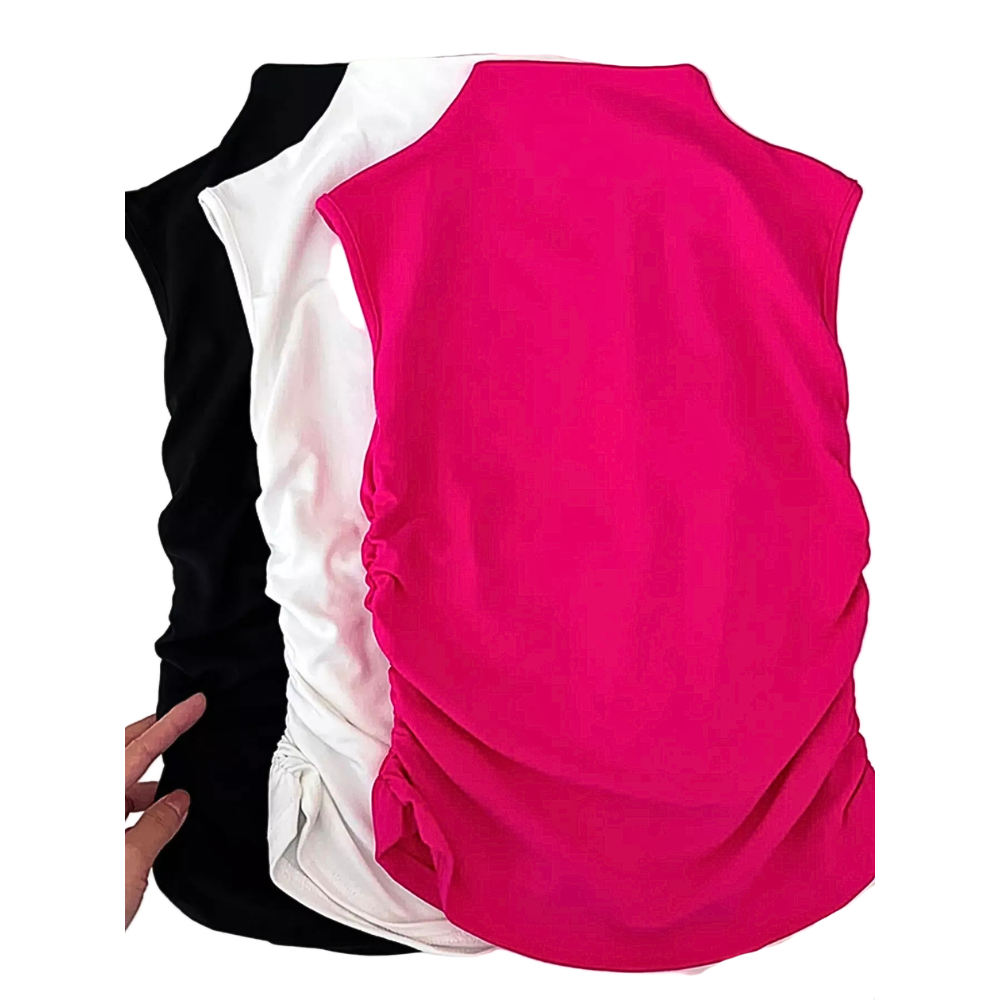 Casual Women's Tank Top Sleeveless Ruched Mock Neck Stretchy Solid Blouses
