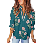 Casual Blouse Floral Embroidered Notched V-Neck Stripe Trim Dark Green Top