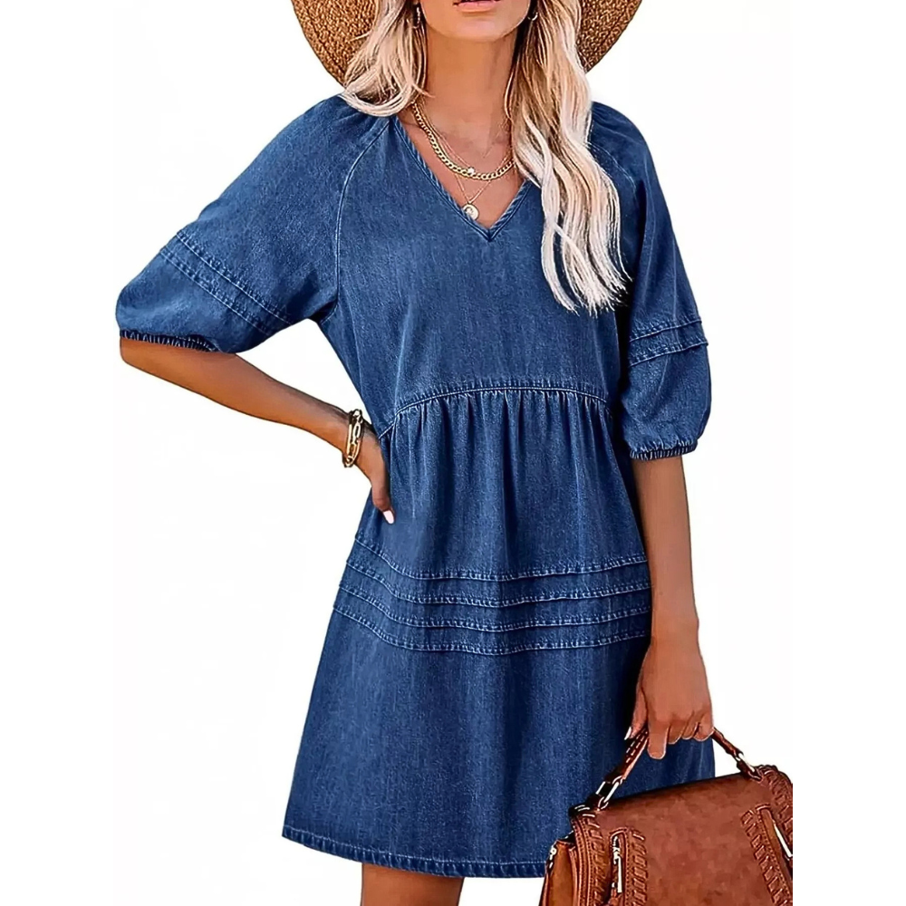 Casual Denim Mini Dress V-Neck Ruffle Short Puff Sleeve Summer Beach Dress