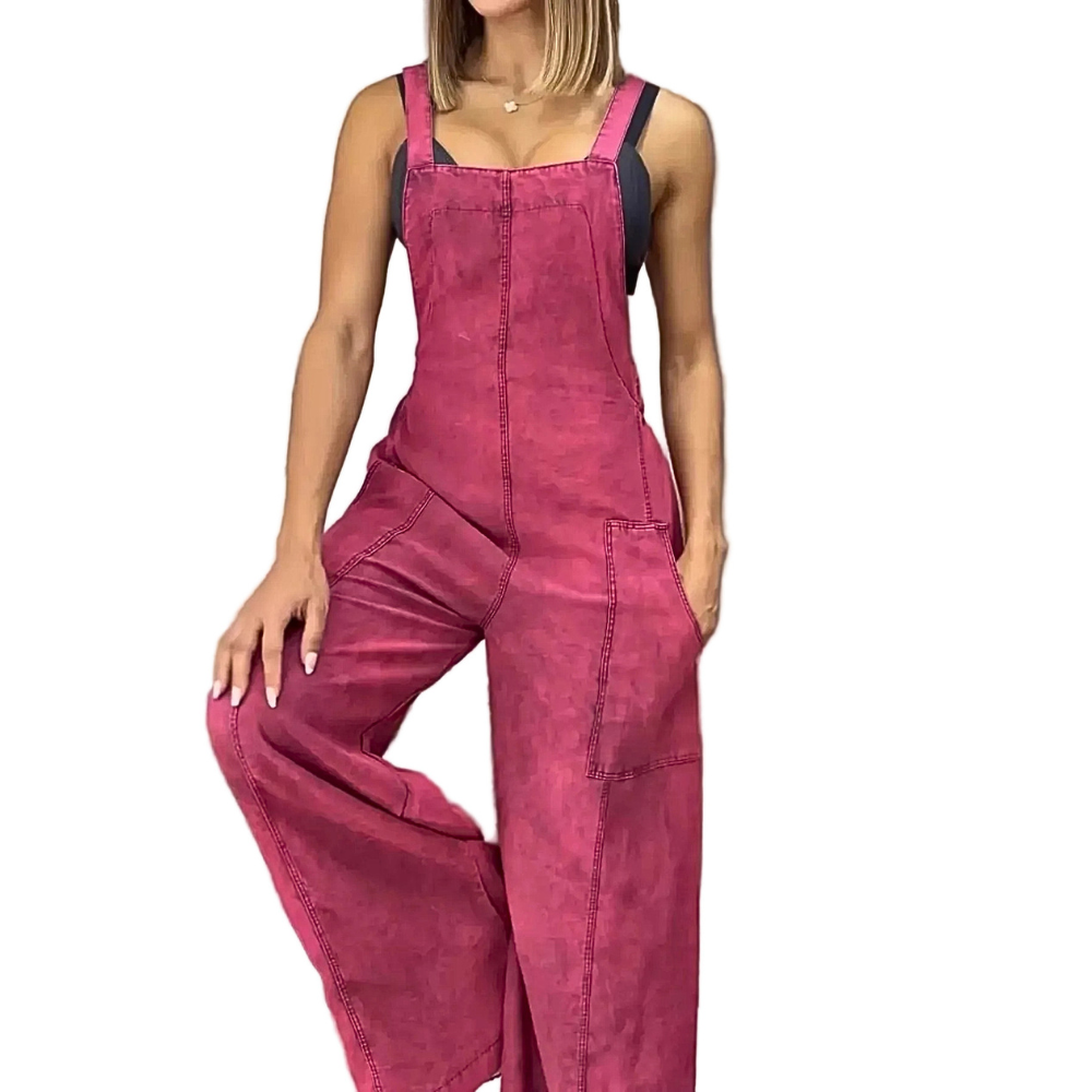 Casual Denim Overalls Acid Wash Wide Leg Sleeveless Pocketed Jumpsuit Plus Size