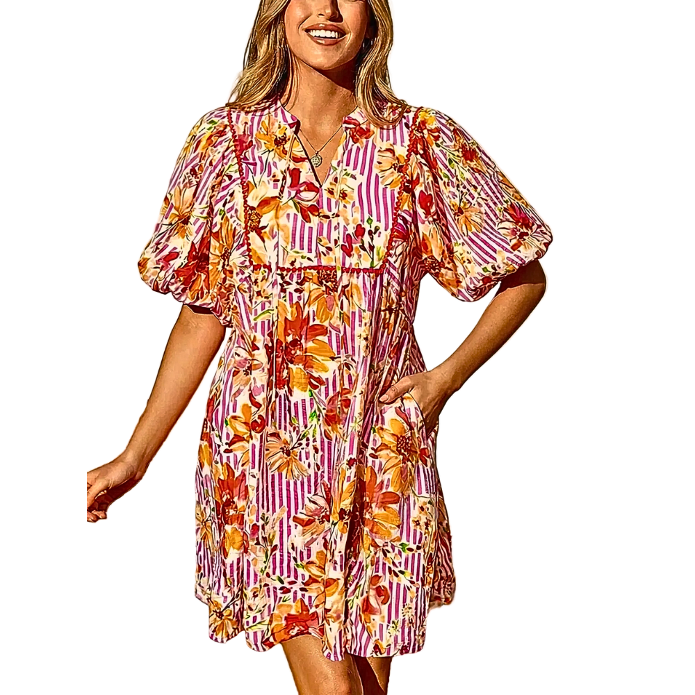 Casual Mini Dress Floral Print Striped Cotton Ruffle Short Sleeve with Pockets